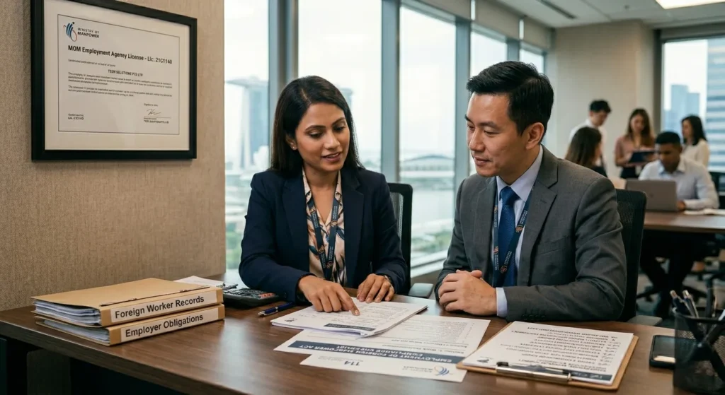 114 Solutions MOM-licensed agency advising Singapore employer on foreign worker compliance 2026